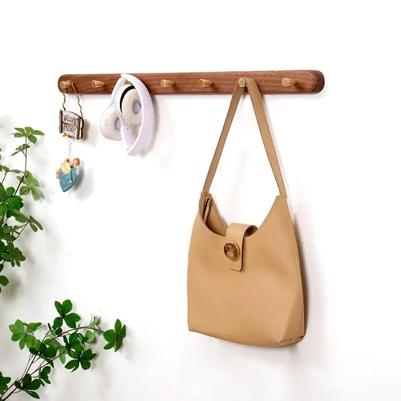 Black Walnut Solid Wood Brass Clothes Hook Entrance Foyer Coat Racks Wall Hanging Scarf Hats Keys Storage Shelf Furniture Decor image 5