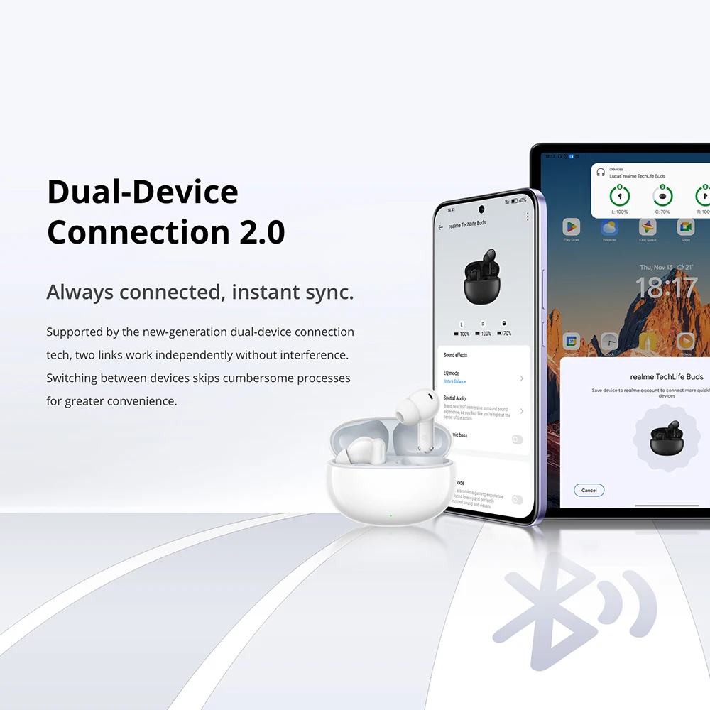 Versión global realme TechLife Buds Auriculares inalámbricos Controlador dinámico de graves de 12,4 mm Hasta 36 horas de autonomía Conexión con dos dispositivos 2.0 7