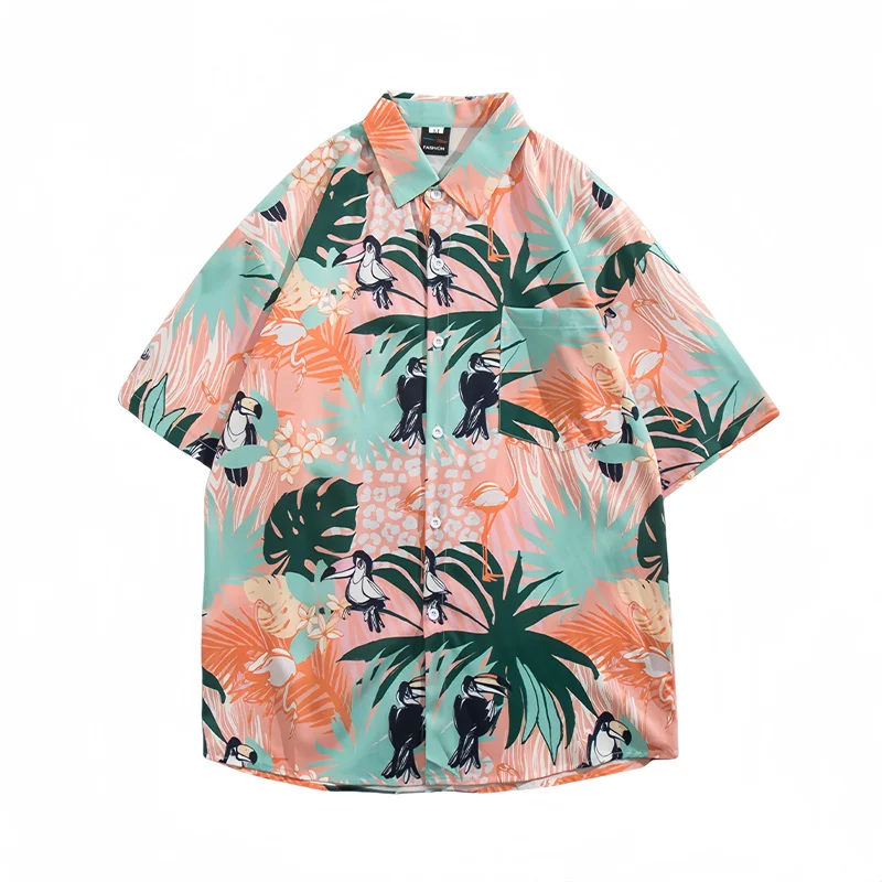 Men's Summer Seaside Vacation Short Sleeve Printed Shirt Loose Casual Handsome Versatile Top Retro Hawaiian Beach Floral Shirt