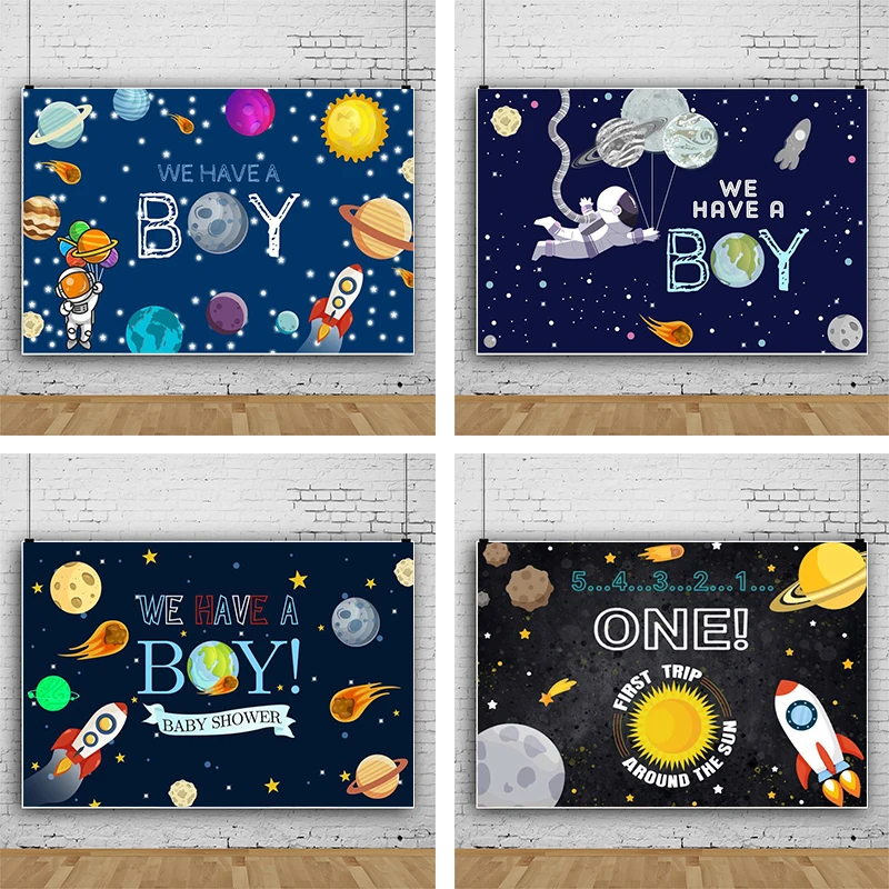 

We Have A Boy Backdrop Baby Birthday Space Theme Party Photo Background Outer Space Astronaut Galaxy Planet Decorations Banner