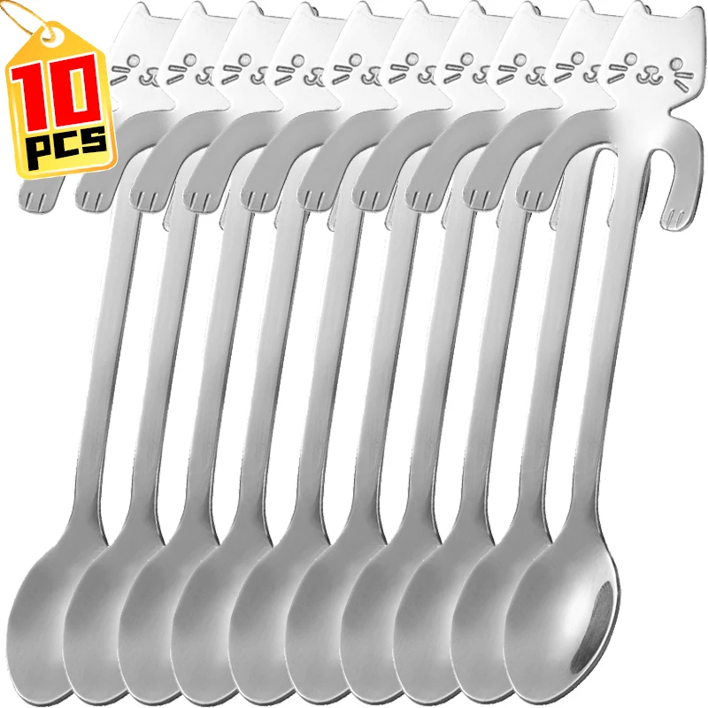 Cucharas de café de acero inoxidable para gatos, Mini cucharaditas en forma de gato, postre, helado, cucharas de cocina, aparatos de cubiertos, 10/1 Uds.