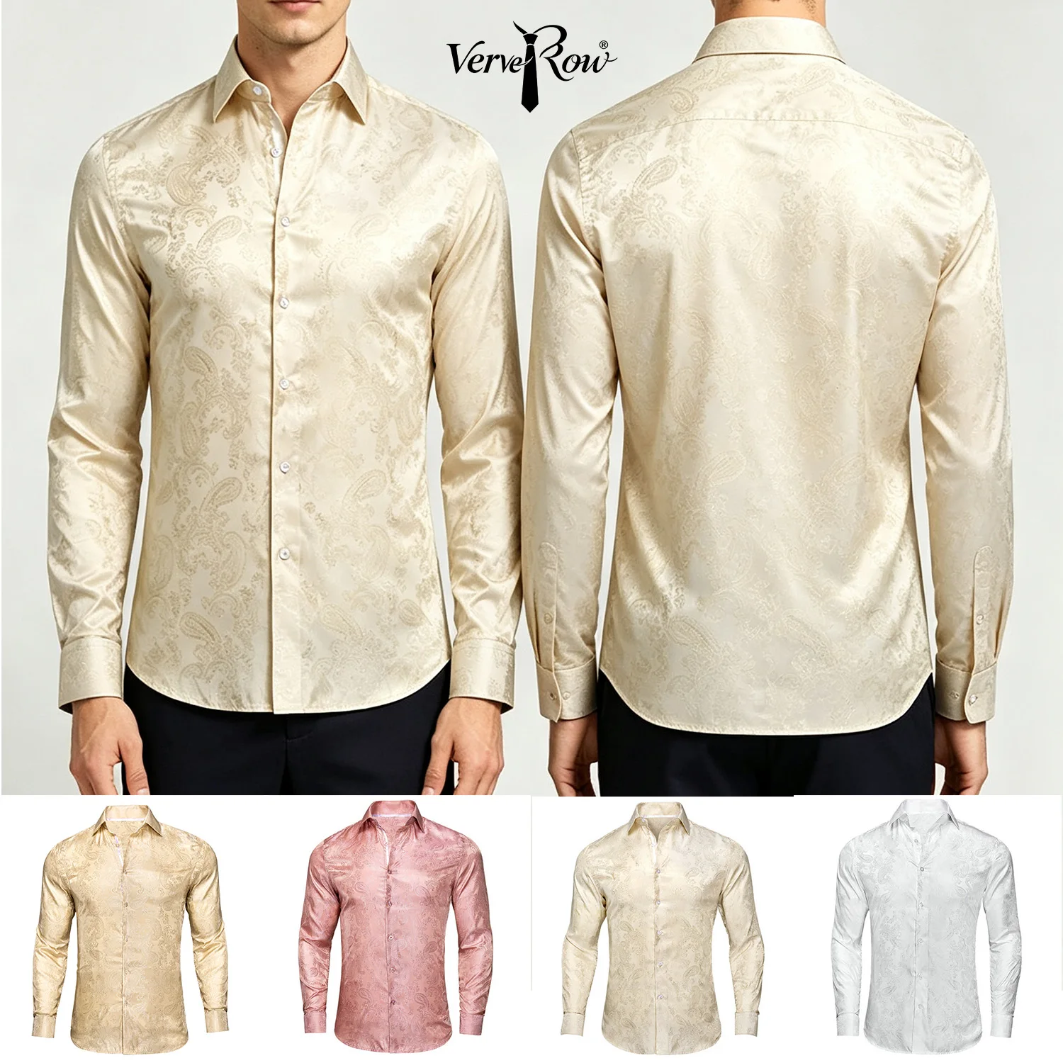 Single Paisley Long Sleeve Shirt Men, Pink or Apricot or White, Loose Collared Button Top For Daily Casual Outfit