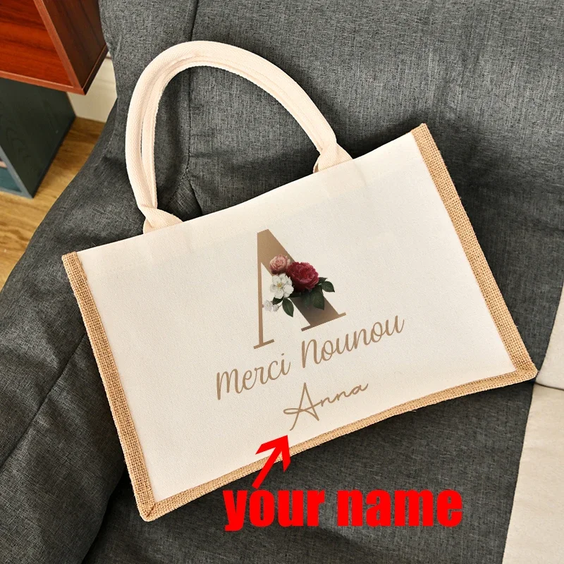 

Sac Personnalisé Prénom Merci Nounou Custom Name Burlap Tote Bags Personalized Nounou Trip Gifts Canvas Shopper Bag for Ladies