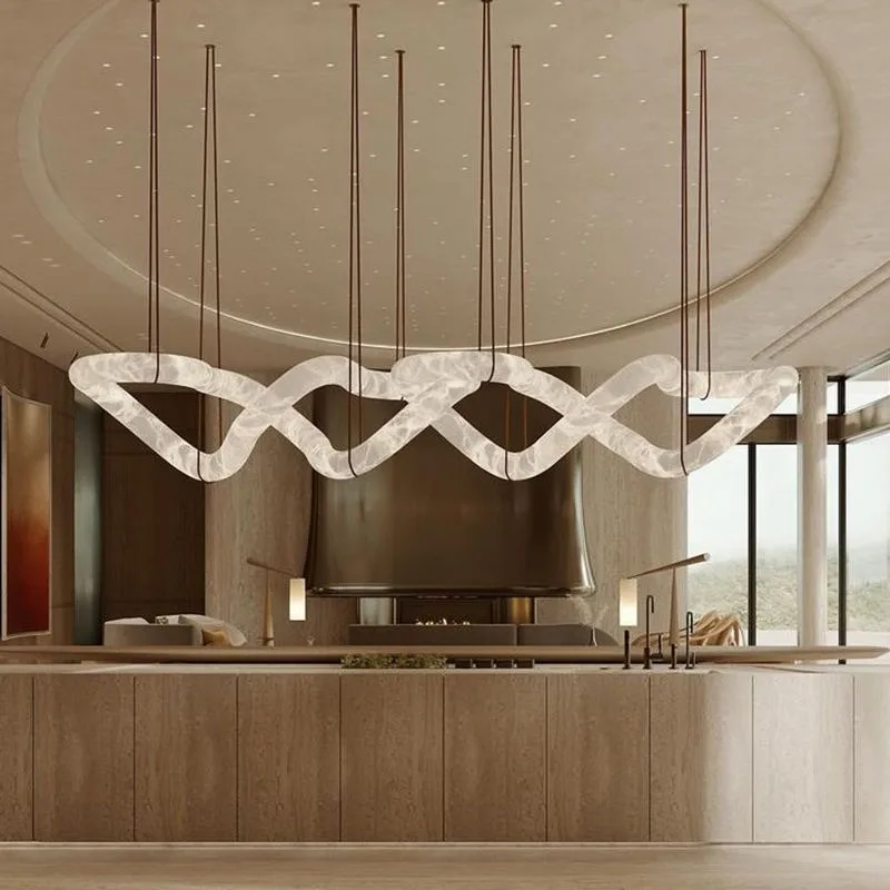 All-copper natural marble runway living room chandelier, modern minimalist villa model room bar island table special-shaped