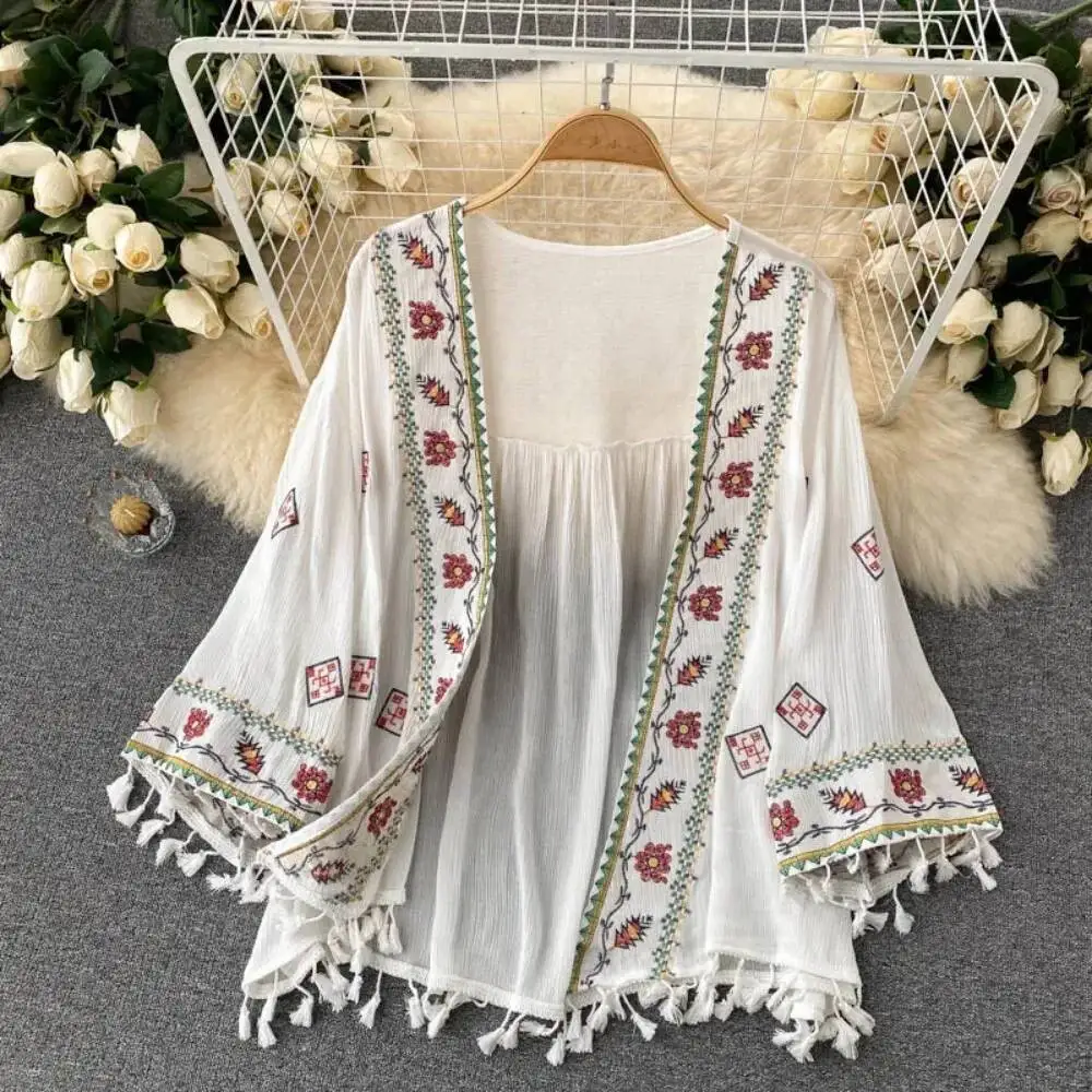 Sexy Boho Tassel Embroidery Sheer Loose Beach Cover Up Casual Cover-ups Vacation Beach Dress Beach Wear Beachwear Female Women