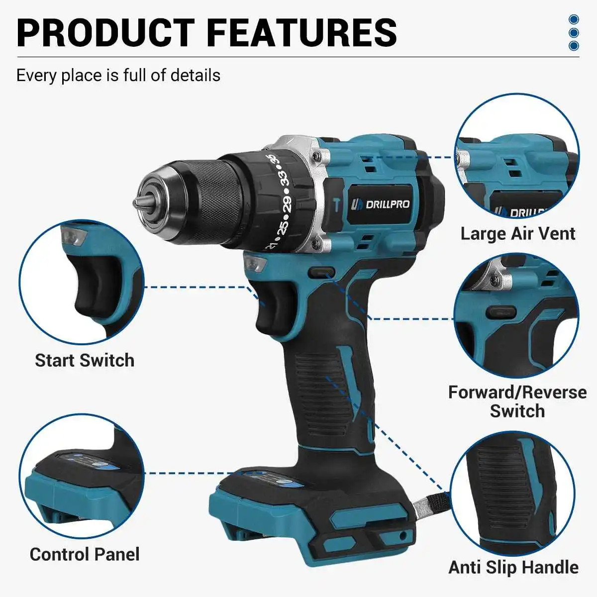 Imagem -02 - Drillpro-brushless Electric Impact Drill Chave de Fenda sem Fio Hammer Cordless 20 Mais Torque Power Tools para Bateria Makita 13 mm