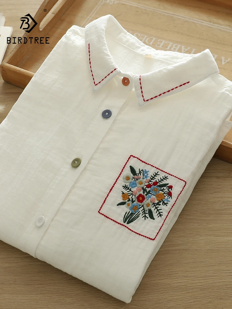 

New 2026 Spring Cotton Yarn Long Sleeve Shirt, Women Turn-down Collar Embroidery, Mori Girl Casual Soft Loose Blouse T61585CC