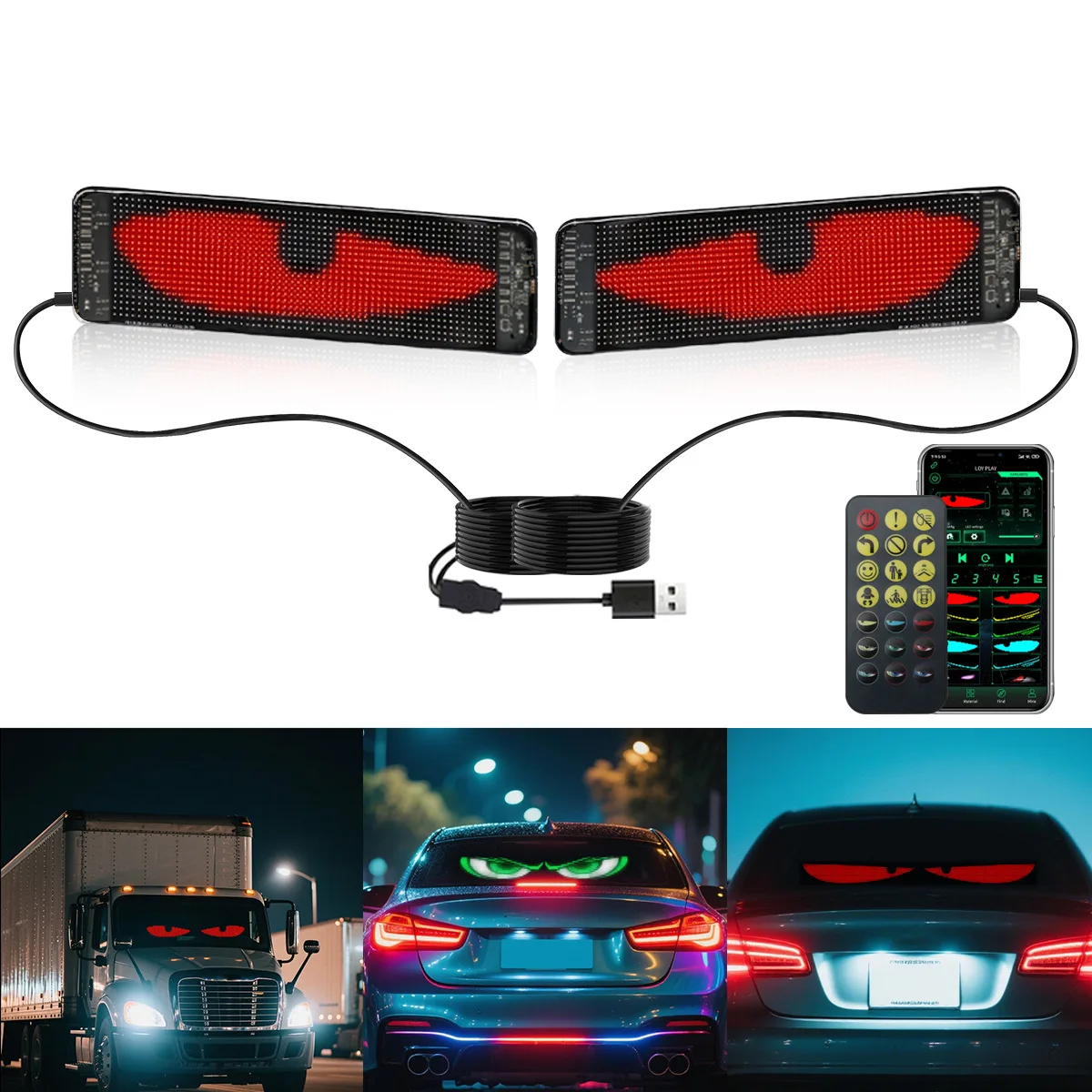 Pantalla suave LED para coche, pantalla publicitaria flexible montada en coche, aplicación USB, escaparate Bluetooth, pantalla dinámica Devil's Eye