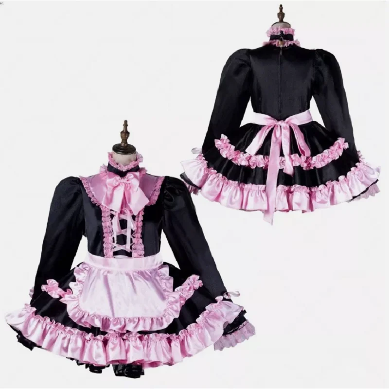 

Maid Girl Sissy Lockable Black satin long sleeve Dress cosplay costume Tailored