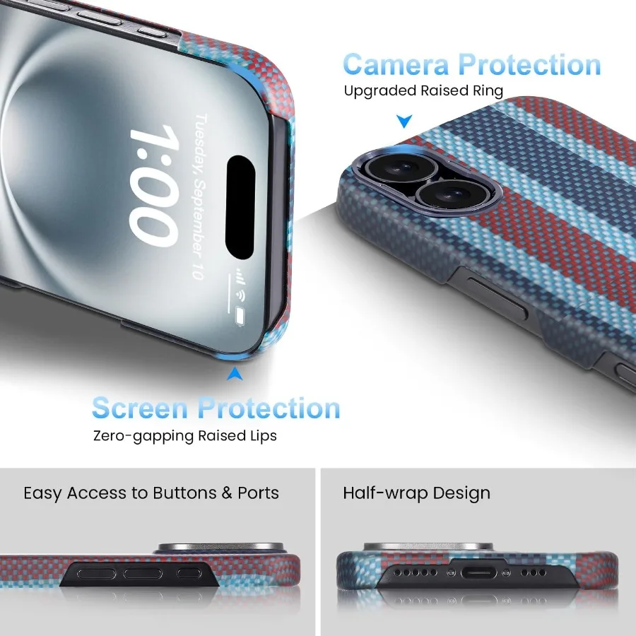 حافظة من ألياف الأراميد لهاتف iPhone 16 مع تصميم مغناطيسي رفيع للغاية وخفيف الوزن يقدم مع حافظة لمس بدون استخدام اللمس