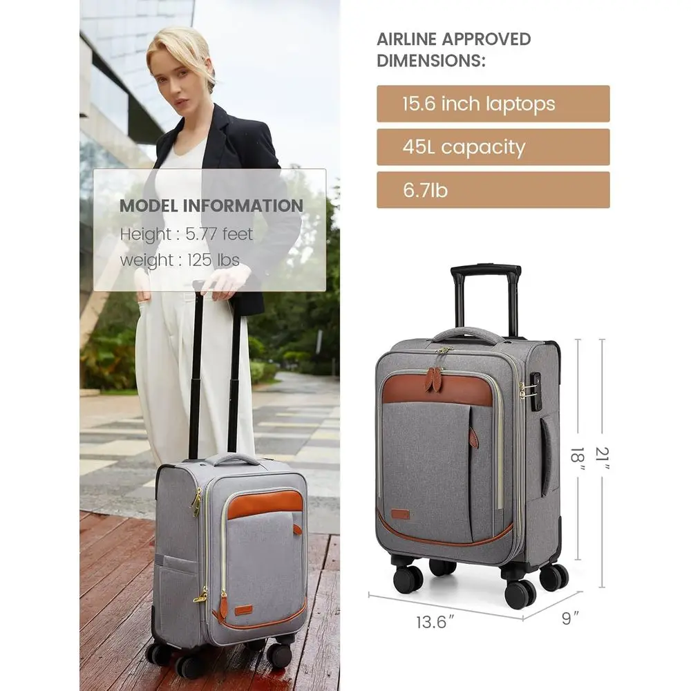 20 Inch Airline Approved Underseat Carry-On Suitcase with Spinner Wheels and TSA Lock for Travel