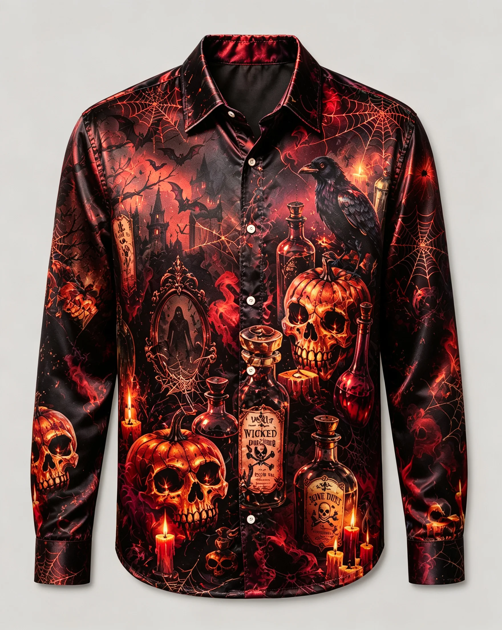 Men Satin Long Sleeve Shirt Halloween Skull Raven Pumpkin Magic Bottle Print Shirt