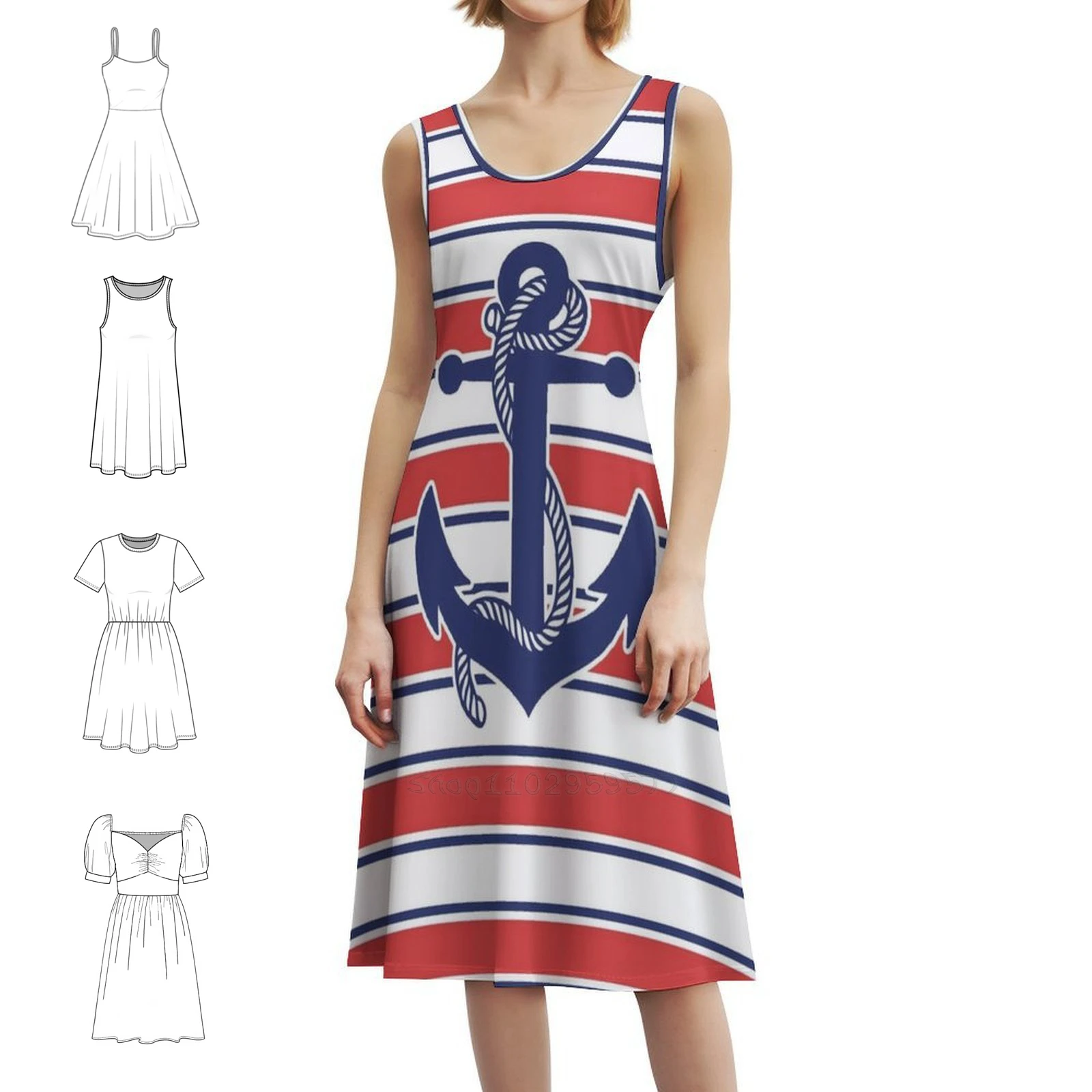 المشارب ومرساة الأزرق والأحمر البوهيمي فستان بلا أكمام متعدد طباعة شاطئ عطلة فستان الحفلات بحار مرساة فتاة المشارب #1