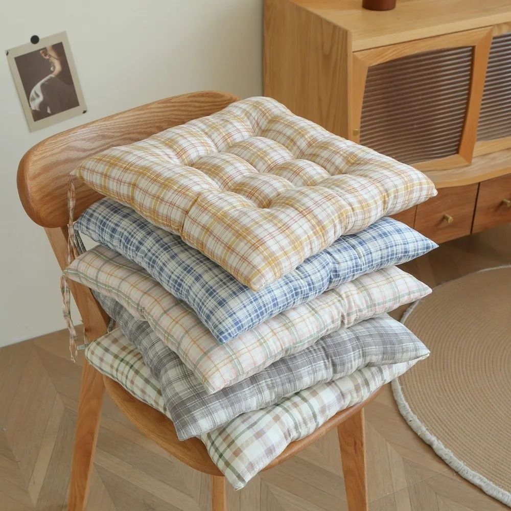 40×40cm Chair Cushion Grid Stripes Pattern Anti-Skid Strap Seat Cushion 4cm Thickness Washable Stool Cushion Home Office