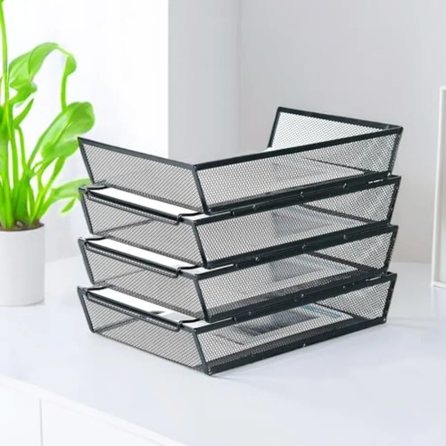 4 Tier Metal Mesh Desk Organizer with Stackable Letter Trays for Office Supplies Storage Black File Storage System Featuring Re