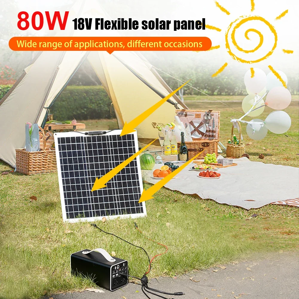 80W Flexible Solar Panel High Efficiency Monocrystalline Solar Cell for Home Outdoor RV/Boat/Car Battery Charger Power Storage