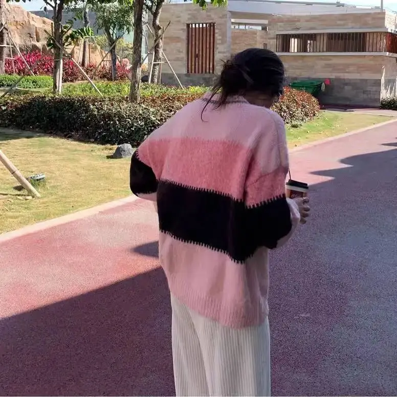 Winter Women Sweater Pullover Knit Jumpers Loose Striped Pull Jumpers Korean Style Knitwear Casual Top Cashmere Sweaters