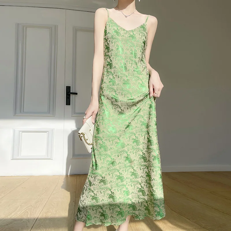 Spring and Summer New Satin Jacquard Spaghetti Straps Dress Women's Casual Solid Color Simple Midi