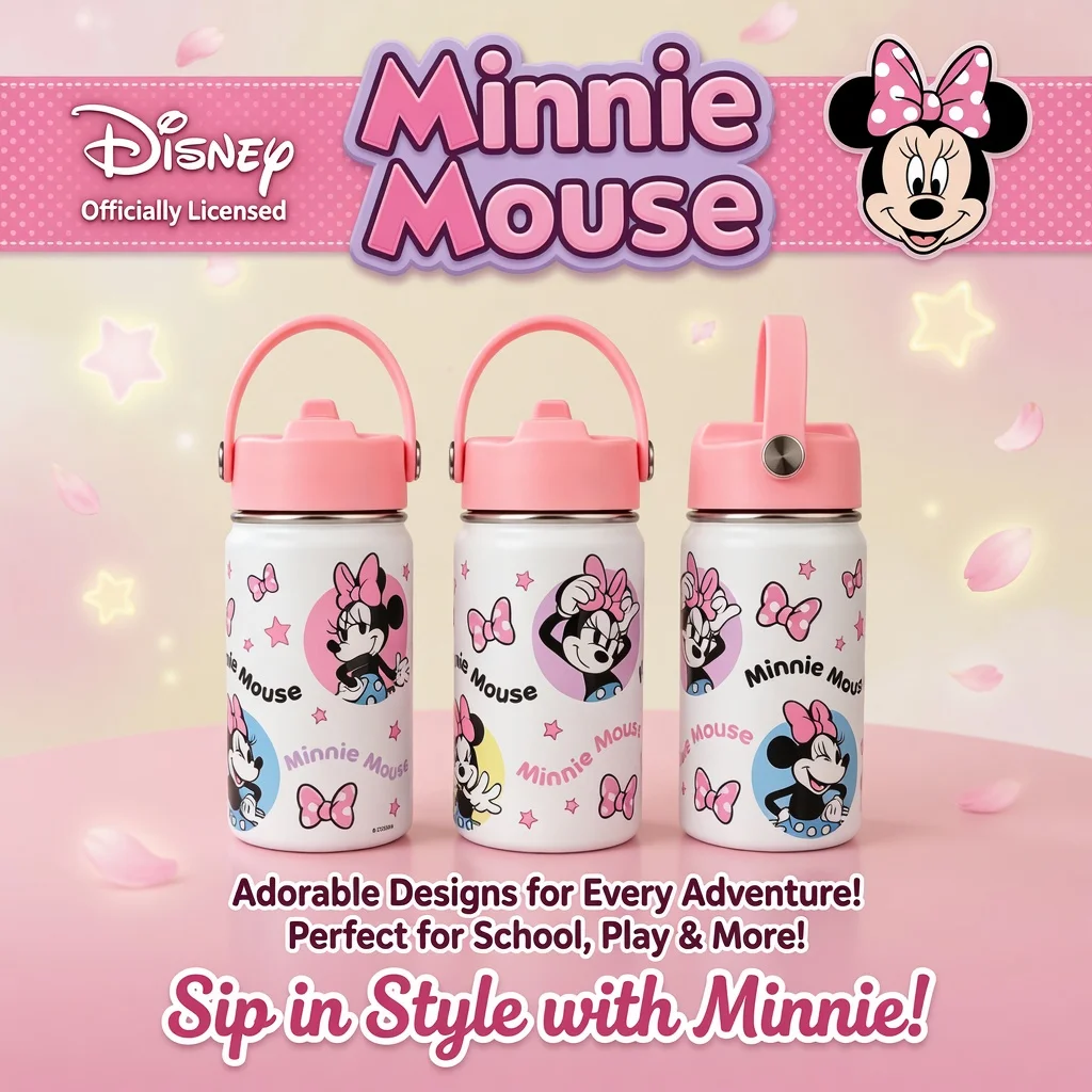 1pc 12oz Disney Minnie Mouse Stainless Steel Tumbler Cute Bow Star with Carry Handle Portable Cup for Outdoor Travel Daily Use