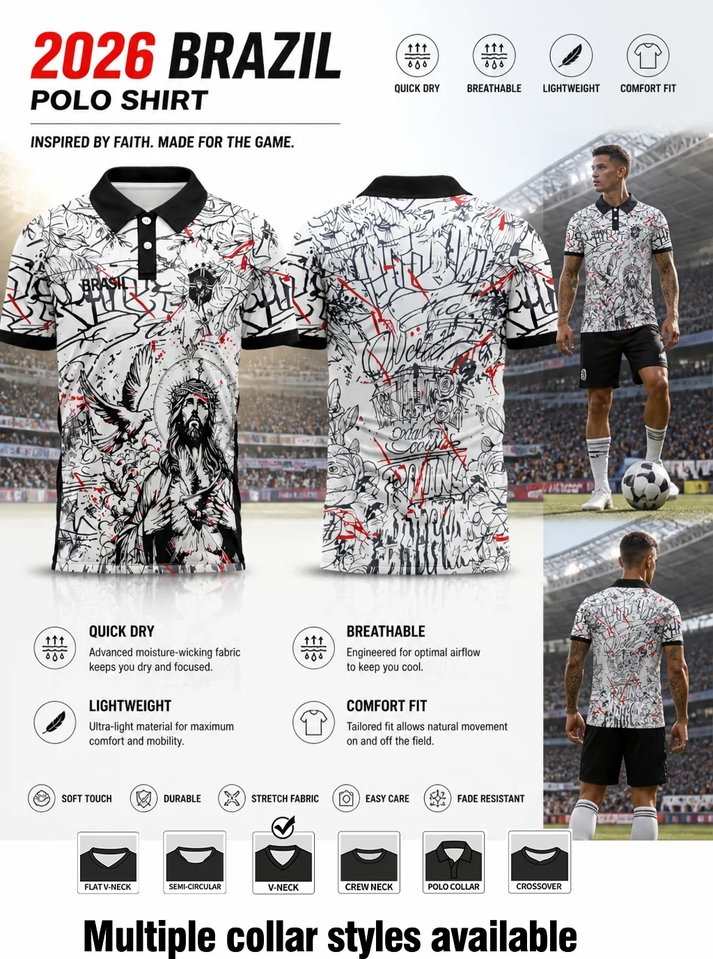 Durable breathable Brazil football polo top, six alternative collar styles, eye‑catching red splash‑ink decoration