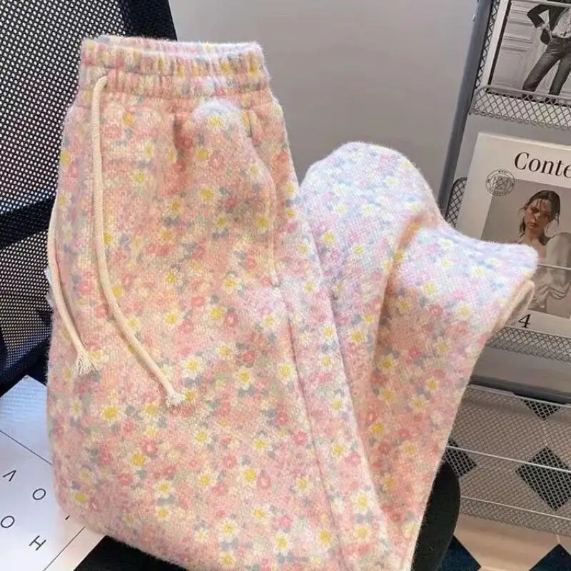 Damenhose, atmungsaktiv, Vintage, weich, Denim, Winter, Herbst, klebrig, rosa, Blumenmuster, hohe Taille, locker, lässig, Fleece, dick, weites Bein