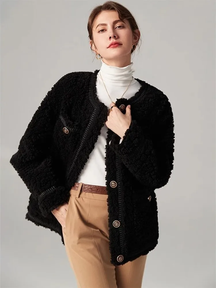 Black Xiaoxiang Style Imitation Lamb Wool Jacket For Women, Autumn And Winter Retro Thick Suede Composite Fur Temperament Top