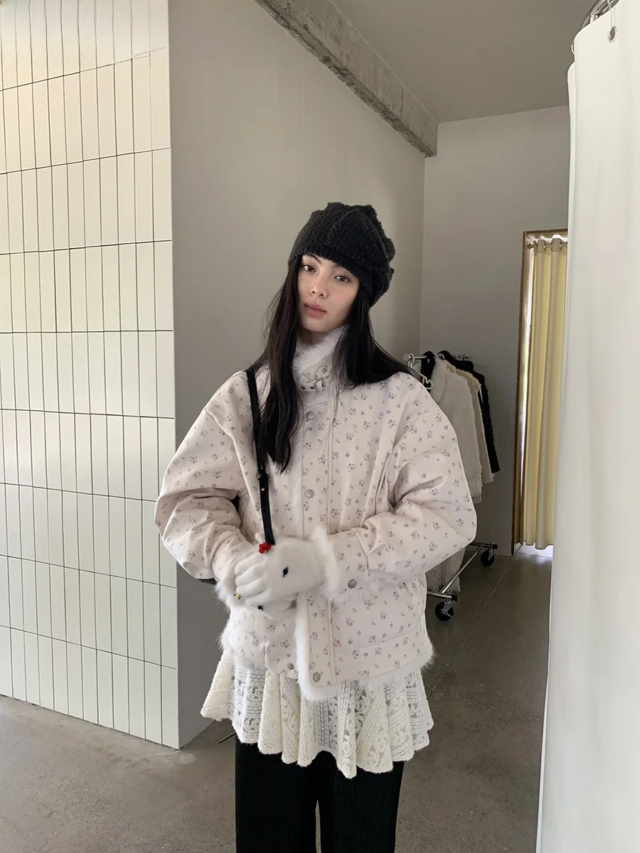 

Floral Print Corduroy down Jaet Morning Princ Collection Warm Casual Sle Long Sve Mid-Length Single Button Closure