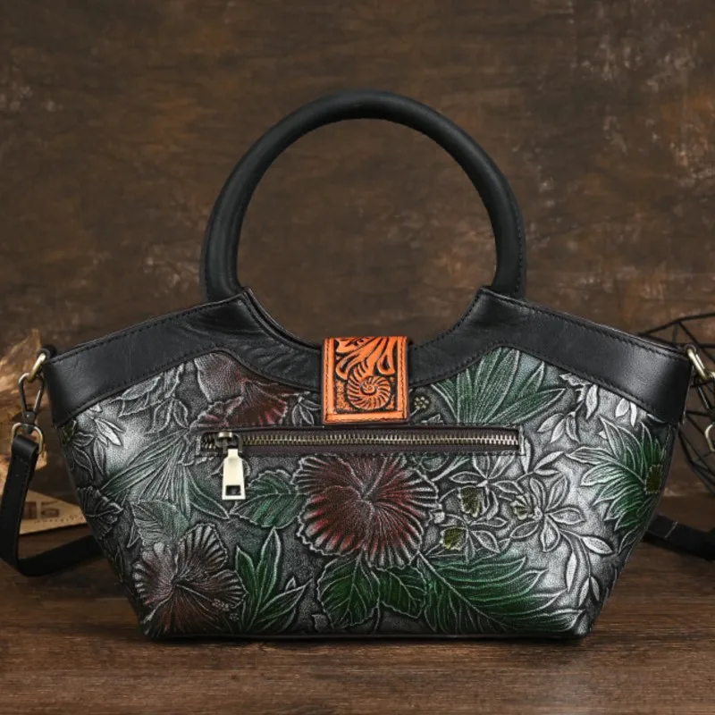Johnature 2026 New Genuine Leather Embossed Handbag Handmade Women's Bag Large Capacity Shoulder Crossbody Bag