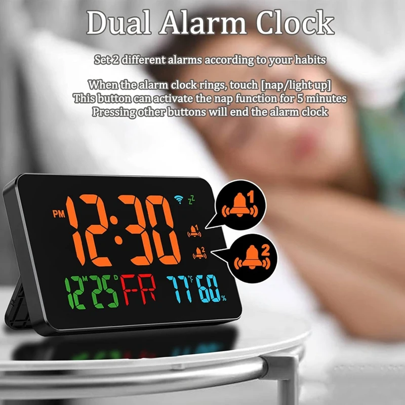 Digital Clock Alarm Clock Wifi Clock, Extra Large Letters, Temperature & Humidity, Calendar, Week