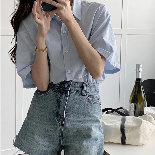 

Short Sleeve Shirts Women Stripe Turn Down Collar Slim Basic Tees Casual Button Vintage Cotton Retro Christian Plus Size Classic