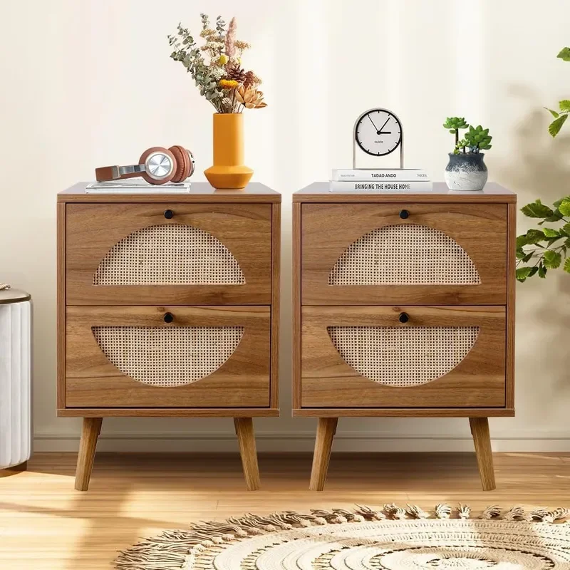 Bohemian Set of 2 Rattan Bedside Tables with Drawer Wooden Wave Design Nightstand for Bedroom Dormitory Home Decor Furniture