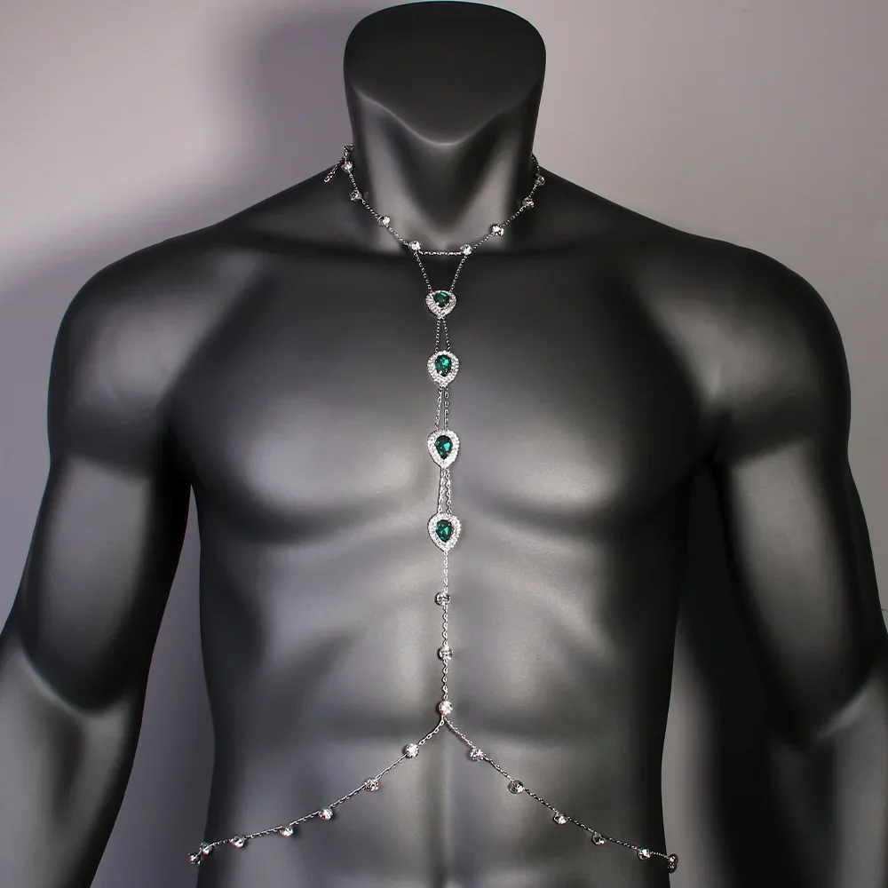Mode Groen Kristal Strass Body Chain Harnas Mannen Sieraden Punk Body Chain Kraag Verklaring Beha Ketting Accessoire Party