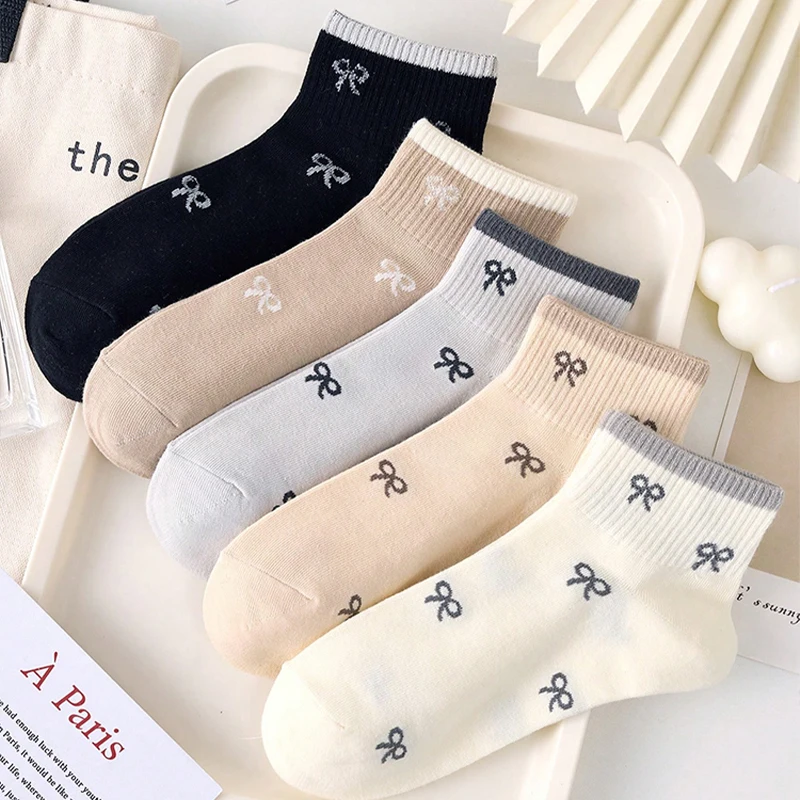 5 Paar süße Damen-Söckchen mit Schleife, weiche, atmungsaktive Baumwoll-Kurzsocken, modische, lässige Alltagssocken für Teenager-Mädchen – Detail 2