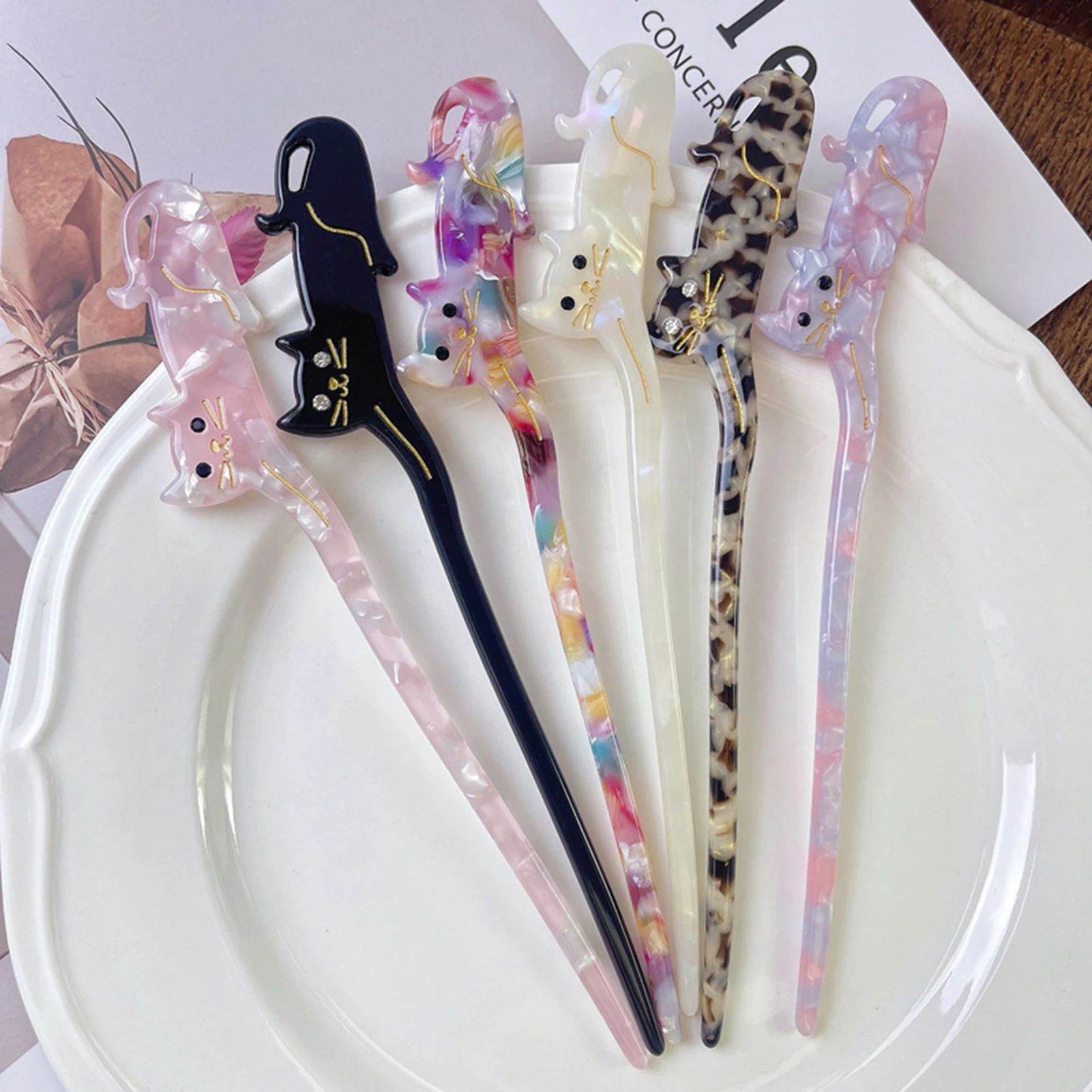 Cute Cartoon Cat Zircon Acetate Hairpin Hair Sticks For Women Girls Fashion Creative Colored Hair Clasp Headwear Hair Accessory