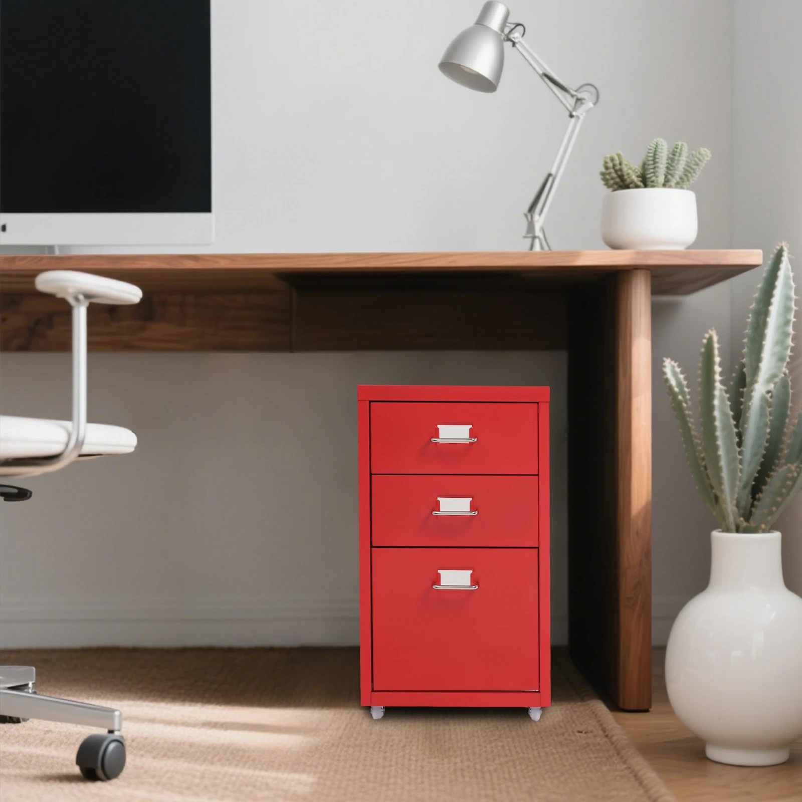 خزانة ملفات متنقلة، خزانة ملفات مع 3 أدراج، خزانة تخزين معدنية بعجلات باللون الأحمر والأرجواني للمكتب المنزلي