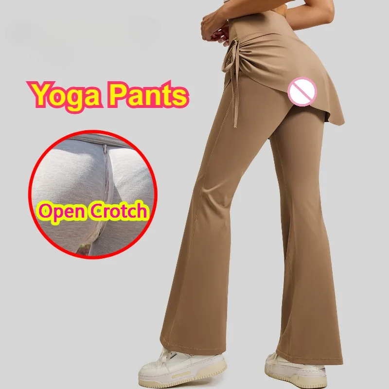 Women's Open Crotch Wrinkle Trainning Pants Sporty Butt Lifting Crotchless Leggings Two-Piece Sexy High Rise Fake Skirt Jeans