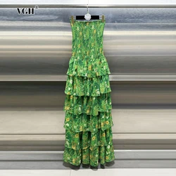 VGH Hit Color Floral Printing Slimming Dresses For Women Strapless Sleeveless Backless High Waist Elegant Long Dress Female New