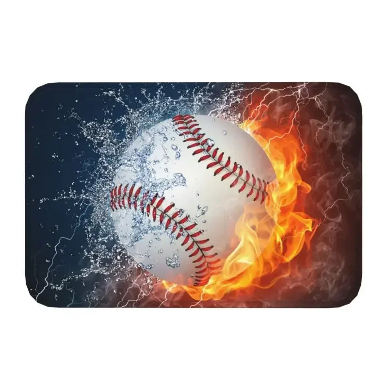 Baseball Ball In Fire And Water Front Door Floor Entrance Mat Indoor Kitchen Bathroom Doormat Living Room Carpet Rug