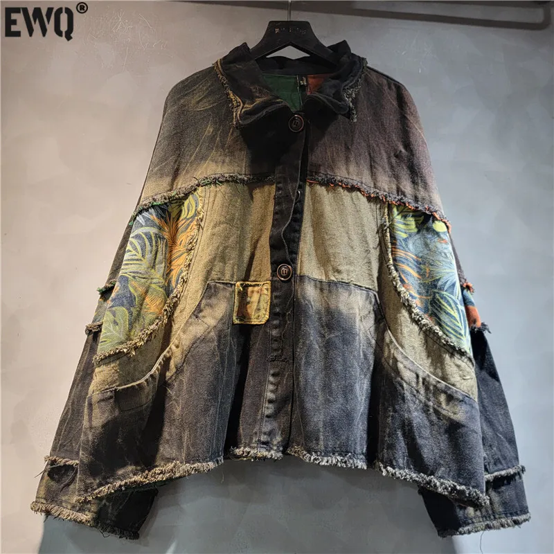 

[EWQ] Vintage Outerwear Big Size Denim Jacket Printed Distressed Contrasting Denim Fashion Top Black Coats 2024 Autumn New O1682