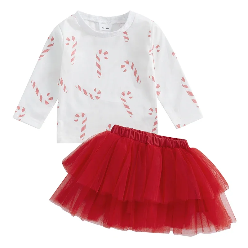 Toddler Girl Christmas Outfit Candy Cane Print Long Sleeve Crew Neck Sweatshirt with Tulle A-Line Skirt 2 Pcs Set