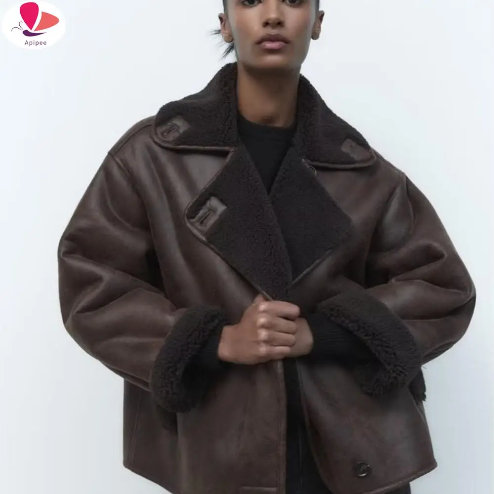 APIPEE-Veste Vintage à Manches sulfpour Femme, Manteau Chaud en Faux Sourire, Décontracté, avec Poches Solides, de Haute Qualité, Collection Hiver 2024