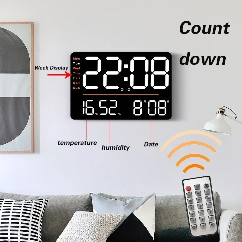 LED Large Digital Wall Clock Remote Control Temperature Date Week Display Adjustable Brightness Modern Living Room Alarms Clocks