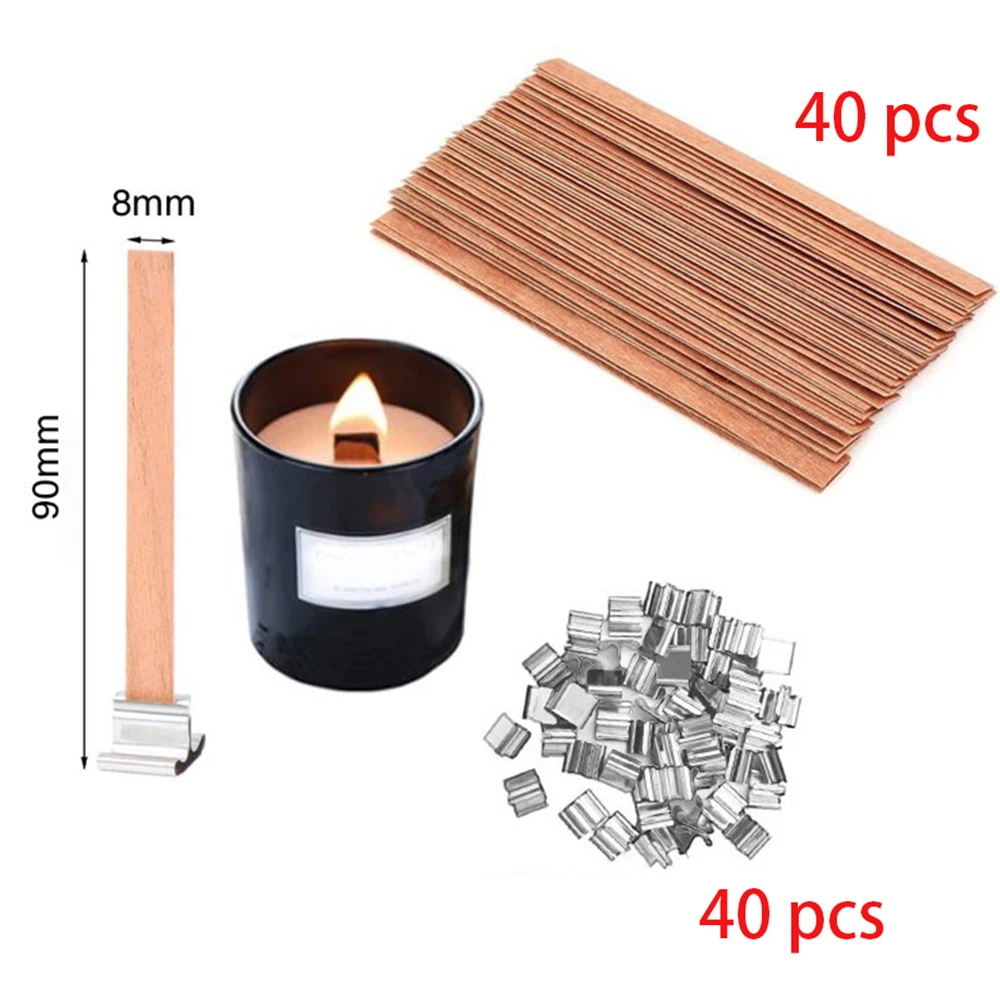 40pcs Wooden Candle Wicks Candle Making Set Wicks with Clip Base Naturally Smokeless Wood Core for DIY Paraffin Candle Jar Makin