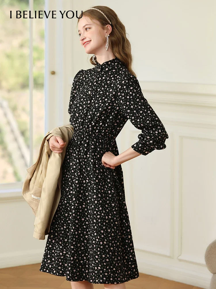 I BELIEVE YOU Autumn New French Black Dresses for Women Long-sleeve Floral Female 2023 High Waist A-line Vestidos 2234095420