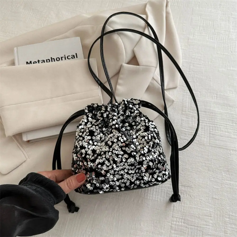 Fashion Versatile Sequin Shoulder Crossbody Bag Trendy Simple Women Small Handbag Drawstring Bucket Bag Party Wallet Purse