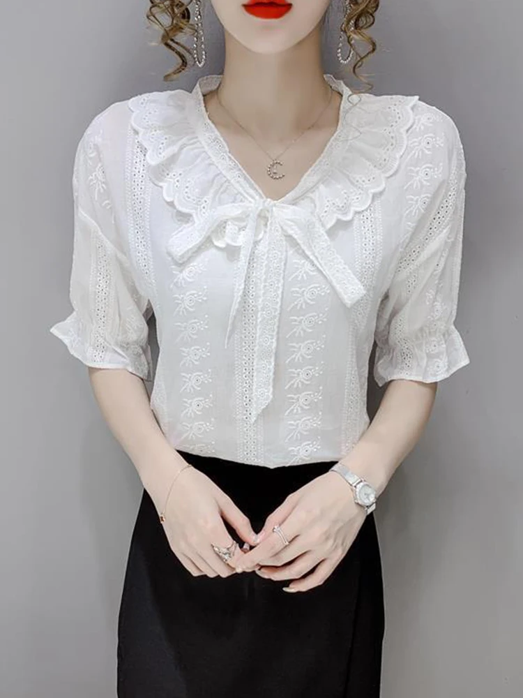 Zoki Chic Hollow Out White T Shirt Women Sweet Lace Up Bow Tees V Neck Short Sleeve Female Elegant Ruffles Fashion Top Summer