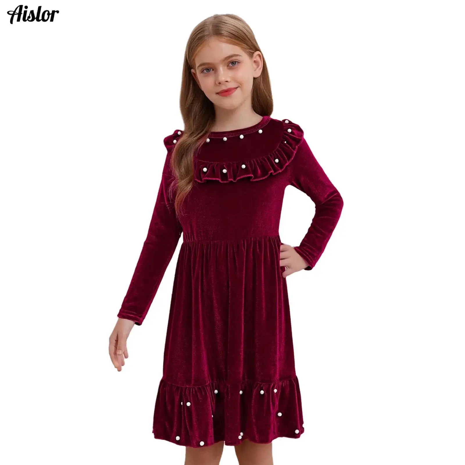 

Kids Girls Velvet Dress Artificial Pearls Frilly Round Neck Long Sleeve Ruffled Hem Midi A-Line Dress Christmas Party Dresses