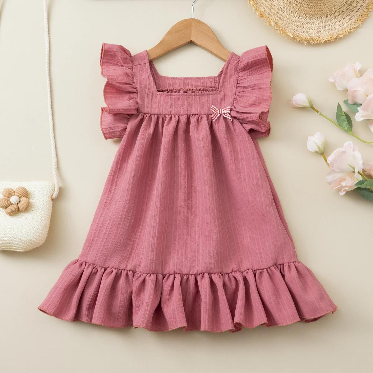 Girls' Casual Dress, Small Fly Sleeve Ruffle Striped Knee-Length Skirt, Bow Fashion Versatile Style, Suitable for 3-8 Year Old