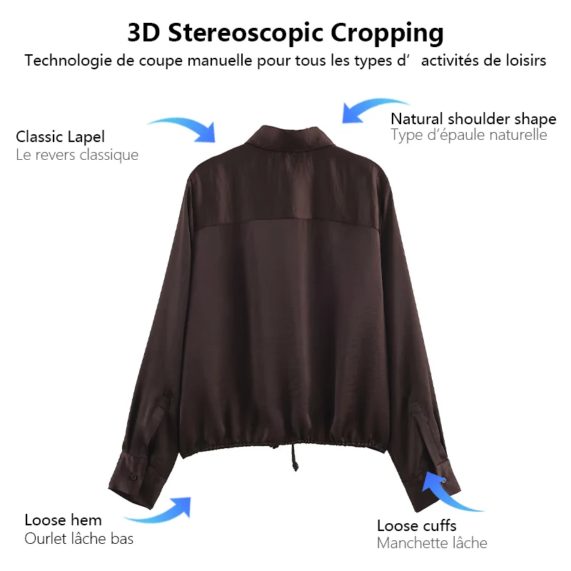 Damska koszula z kołnierzykiem, długim rękawem, zapinana na guziki, satynowa, ze sznurkiem, elegancka koszula, wszechstronna elegancja, do noszenia na co dzień.