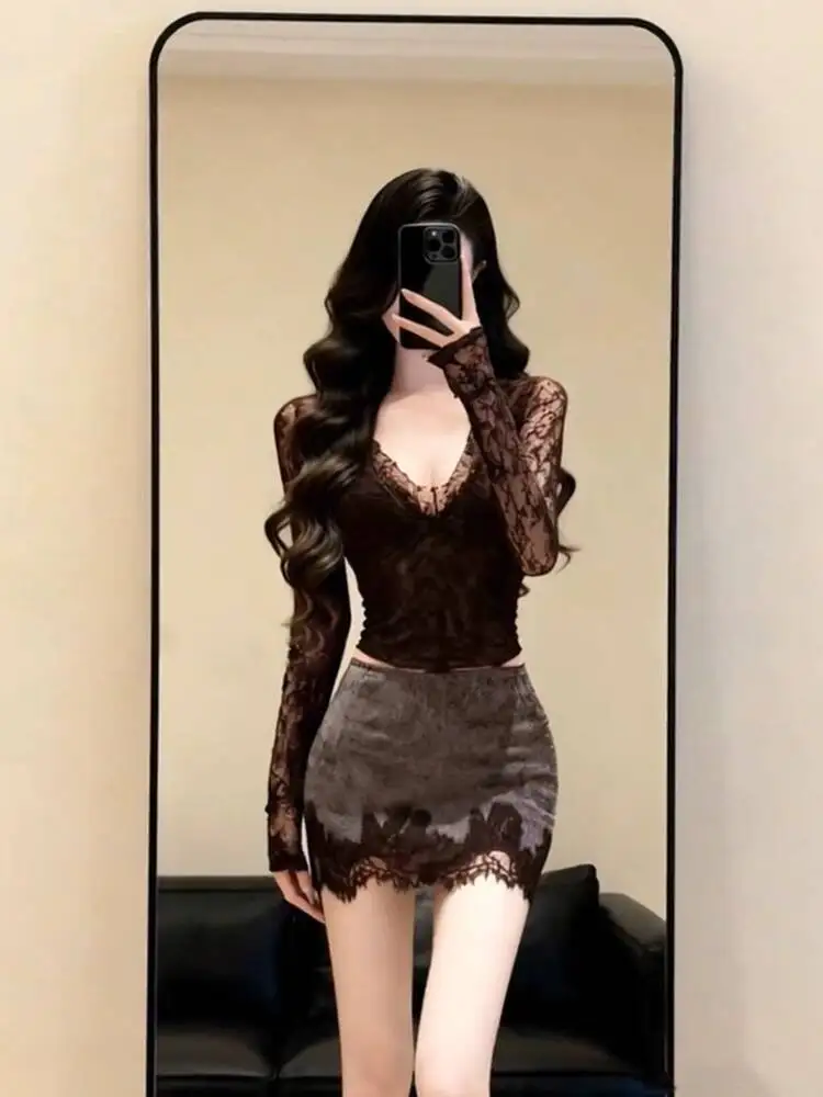 

Women's Shirts Skirts Set 2026 Spring Lace Patchwork Two Piece Set Sexy Lace V Neck Slim Fit Base Layer Top Bodycon Mini Skirt